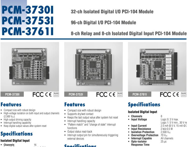 研華PCM-3730I PCI-104，2通,32通道隔離數(shù)字輸入/輸出卡