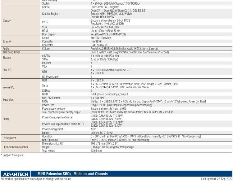 研華MIO-2263 2.5寸Pico-ITX主板，搭載Intel? Atom? SoC E3825/ J1900處理器的2.5寸Pico-ITX單板電腦，采用DDR3L內(nèi)存，支持24-bit LVDS + VGA/HDMI獨(dú)立雙顯，帶有豐富I/O接口：1個(gè)GbE、半長(zhǎng)Mini PCIe、4個(gè)USB、2個(gè)COM、SMBus、mSATA & MIOe