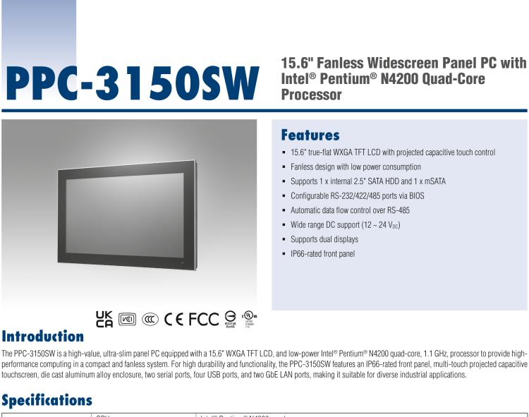 研華PPC-3150SW 15.6" 寬屏無風(fēng)扇工業(yè)平板電腦，搭載 Intel? Pentium? N4200 四核心處理器