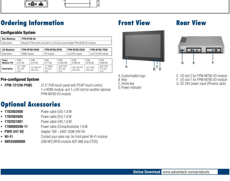 研華FPM-7212W 模組化工業(yè)顯示器，21.5” Full HD/18.5” HD/17” SXGA/15” XGA/12” XGA 液晶顯示器