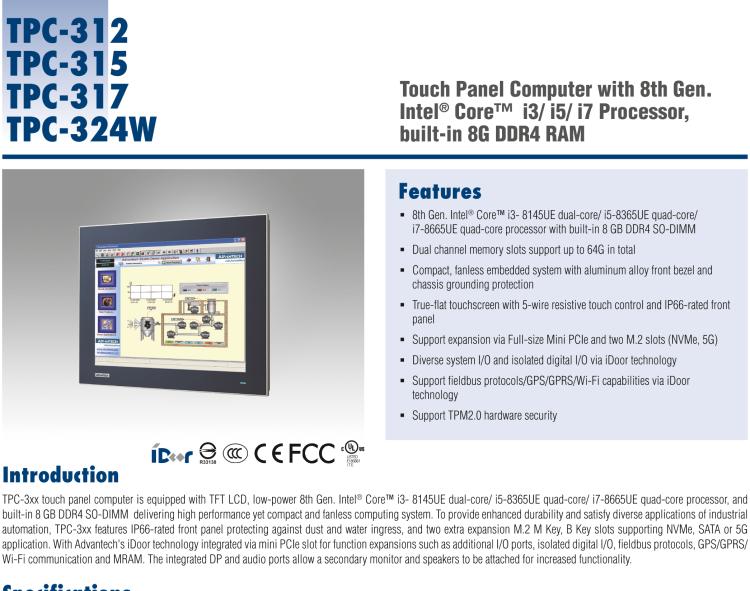 研華TPC-315 15英寸XGA TFT LED LCD觸摸屏電腦，搭載第八代Intel?Core? i3/ i5/ i7處理器，內(nèi)置8G DDR4 RAM