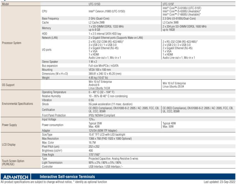 研華UTC-515F 15.6" 多功能觸控一體機(jī)，內(nèi)置Intel? Skylake Core? i3-6100U處理器