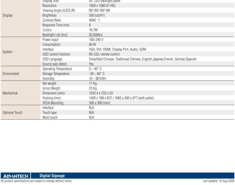 研華DSD-7055 55" 全高清廣告牌顯示器，500尼特亮度，帶SDM插槽