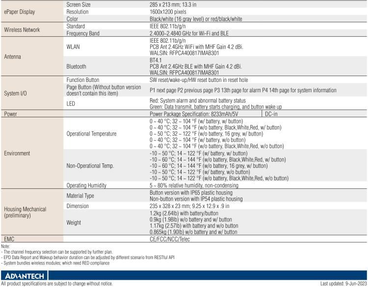 研華EPD-660 13.3"電子紙解決方案，Wi-Fi，用于醫(yī)院床邊卡和智能建筑標(biāo)牌。