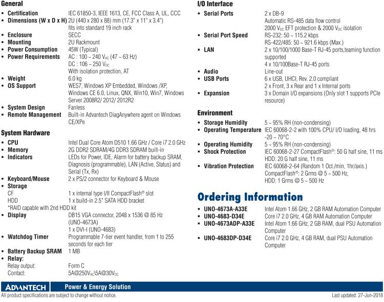 研華UNO-4673A Intel? Atom ? D510 變電站專用機，帶6×LAN, 2×COM, 3×擴展槽