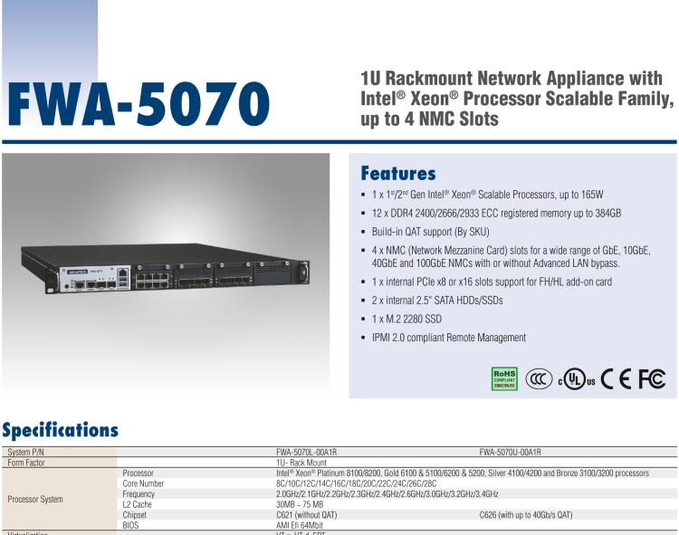 研華FWA-5070 基于Intel?Xeon?處理器可擴展系列1U機架式網絡應用平臺，最高支持4個NMC插槽