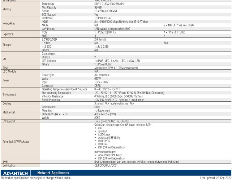 研華FWA-5070 基于Intel?Xeon?處理器可擴展系列1U機架式網絡應用平臺，最高支持4個NMC插槽
