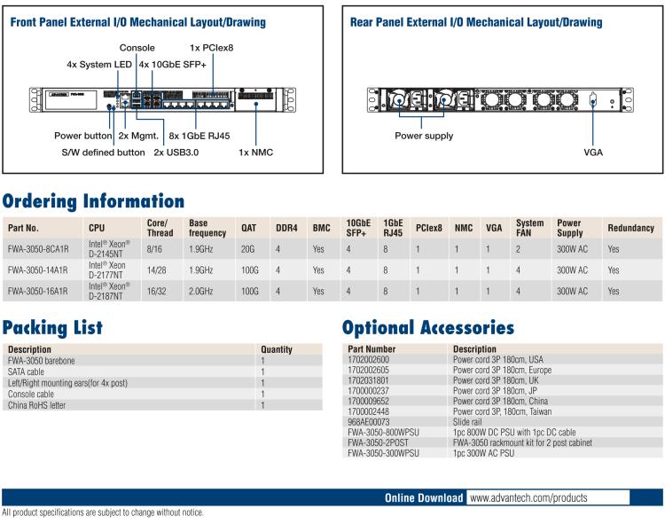研華FWA-3050 基于Intel?Xeon D-2100系列處理器，用于uCPE和下一代防火墻的遠(yuǎn)程可管理1U網(wǎng)絡(luò)應(yīng)用平臺