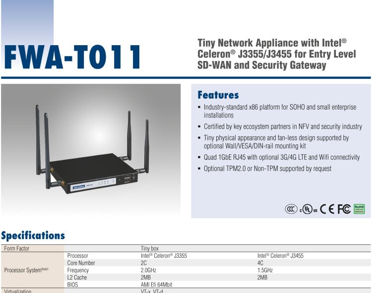 研華FWA-T011 基于Intel? Celeron? N3350/J3455 入門級SD-WAN，安全網(wǎng)關(guān)微型網(wǎng)絡(luò)應(yīng)用平臺