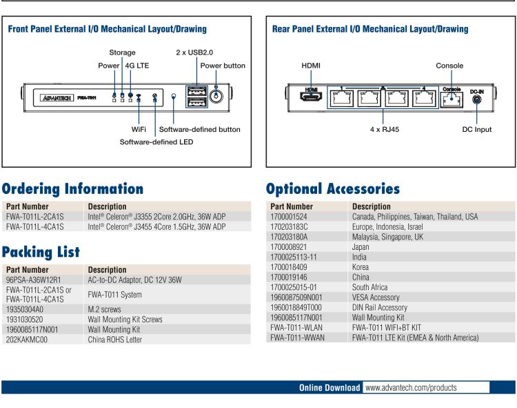 研華FWA-T011 基于Intel? Celeron? N3350/J3455 入門級SD-WAN，安全網(wǎng)關(guān)微型網(wǎng)絡(luò)應(yīng)用平臺