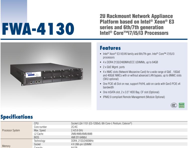 研華FWA-4130 基于第六代/第七代Intel?Xeon?E3和 Intel?core?i7 / i5 / i3系列處理器 2U機架式網(wǎng)絡應用平臺