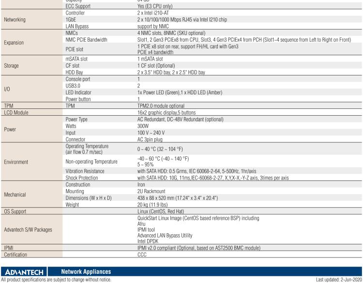 研華FWA-4130 基于第六代/第七代Intel?Xeon?E3和 Intel?core?i7 / i5 / i3系列處理器 2U機架式網(wǎng)絡應用平臺