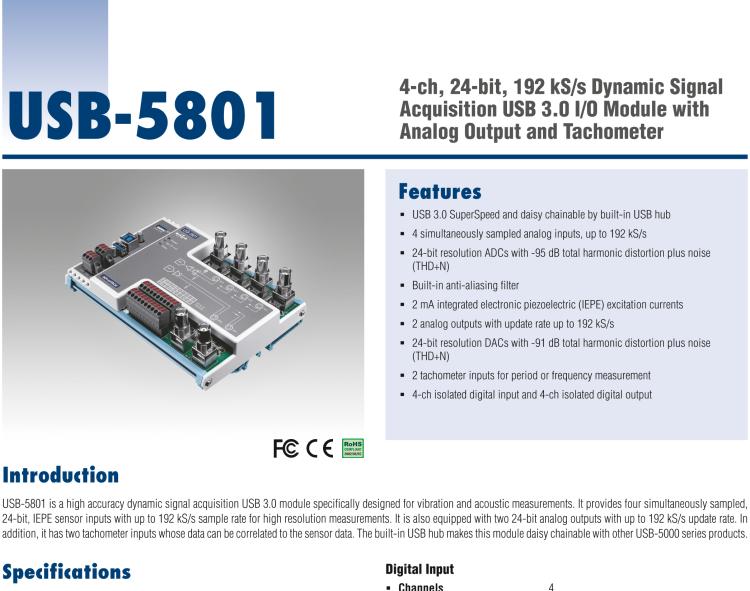 研華USB-5801 4路，24位，192 kS / s的動(dòng)態(tài)信號(hào)采集USB 3.0 I / O模塊使用模擬輸出和轉(zhuǎn)速計(jì)