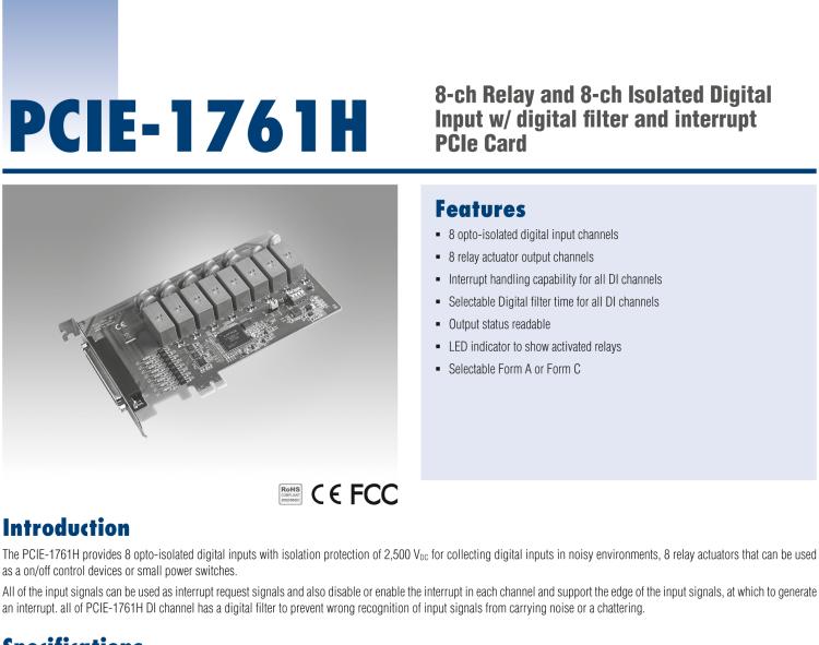 研華PCIE-1761H 8通道繼電器和8通道隔離式數(shù)字輸入，帶數(shù)字濾波器和中斷PCIe卡
