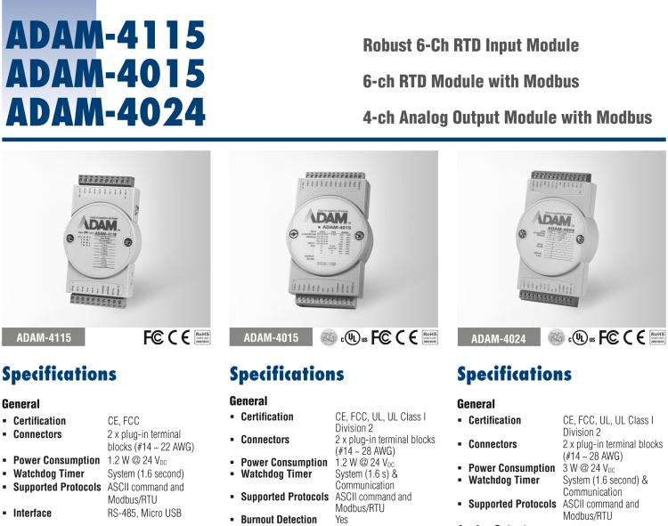 研華ADAM-4115-B ADAM-4115 6 通道 RTD 輸入模塊可接受多種 RTD 傳感器類型，包括 Pt100、Pt1000、Ni50、Ni508 和 Balco 500 系列