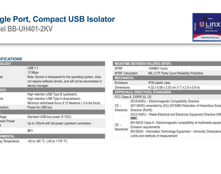 研華BB-UH401-2KV USB 2.0 2 kV隔離器，1端口，12 Mbps全速