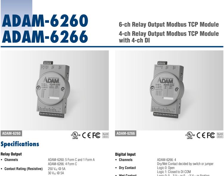 研華ADAM-6266 支持Modbus TCP的4路繼電器輸出模塊，帶4路DI