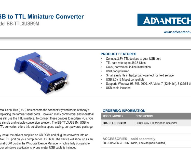 研華BB-TTL3USB9M 串口轉(zhuǎn)換器，USB 2.0至3.3 V TTL DB9 公頭