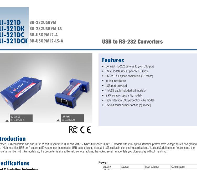 研華BB-232USB9M-LS ULI-321DK USB 2.0到RS-232轉(zhuǎn)換器，DB9公頭 端口號鎖定