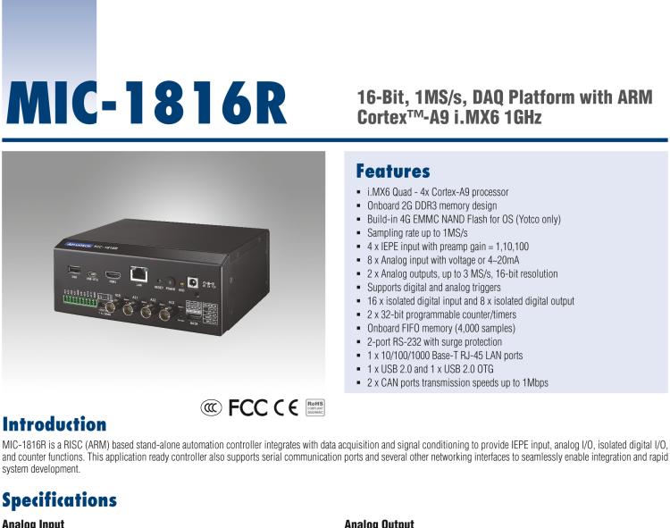 研華MIC-1816R 帶有ARM Cortex?-A9 i.MX6 1GHz的16位，1MS/s DAQ平臺