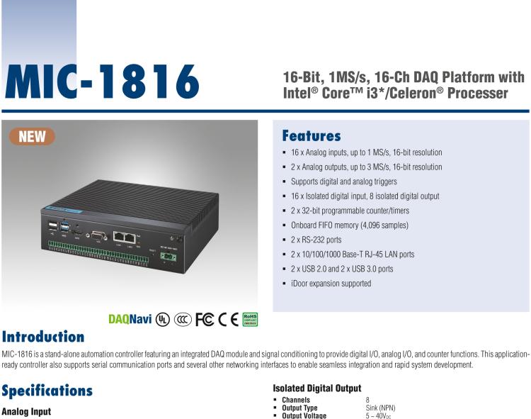 研華MIC-1816 具有Core?i3 /Celeron?處理器的16位，1 MS / s，16通道DAQ平臺(tái)