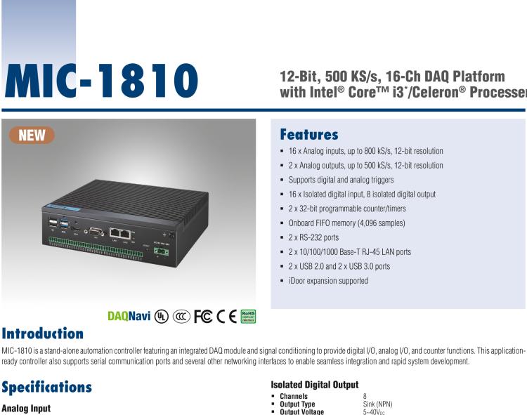研華MIC-1810 帶有Core?i3 /Celeron?處理器的12位，500 KS / s，16通道DAQ平臺