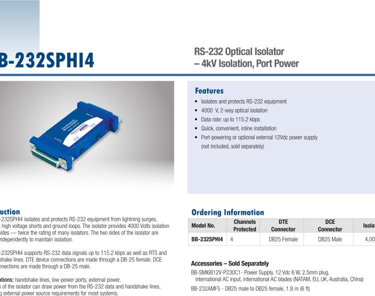 研華BB-232SPHI4 串口中繼器，RS-232 DB25，4 kV隔離，端口供電