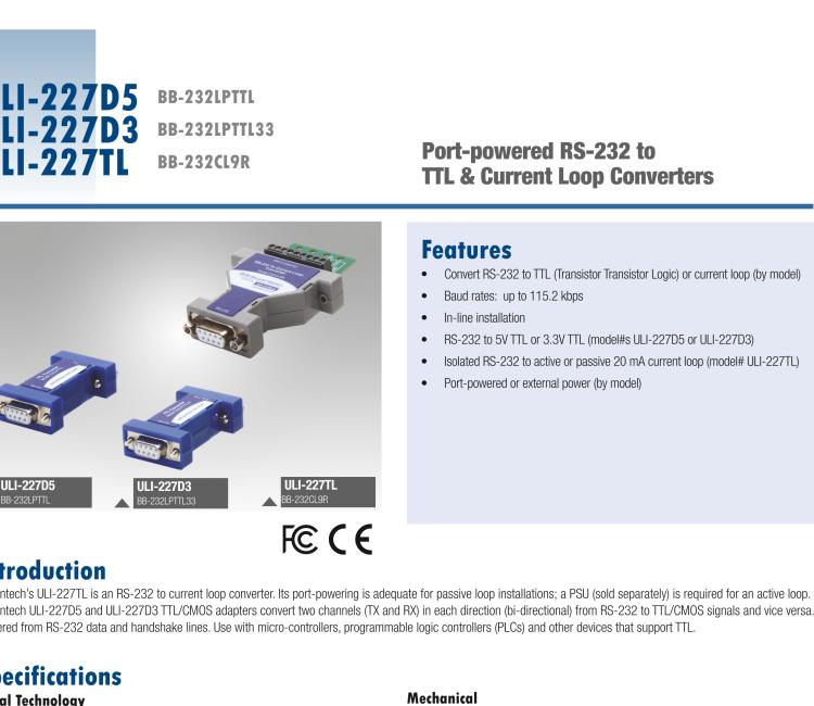 研華BB-232LPTTL ULI-227D5 RS-232（DB9母頭）至5V TTL（DB9公頭）轉換器，端口供電