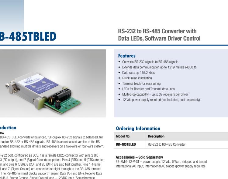 研華BB-485TBLED 串口轉(zhuǎn)換器，RS-232 DB25 母頭至RS-485 TB