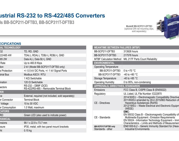 研華BB-SCP311T-DFTB3 ULI-224THC 寬溫度范圍、隔離式、RS-232 至 422/485 轉(zhuǎn)換器