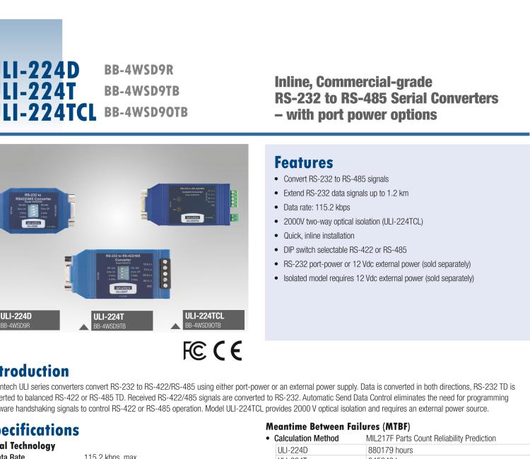 研華BB-485BAT3 ULI-224TB RS-232（DB9母頭至RS-422/485（接線端子）轉(zhuǎn)換器，電池供電
