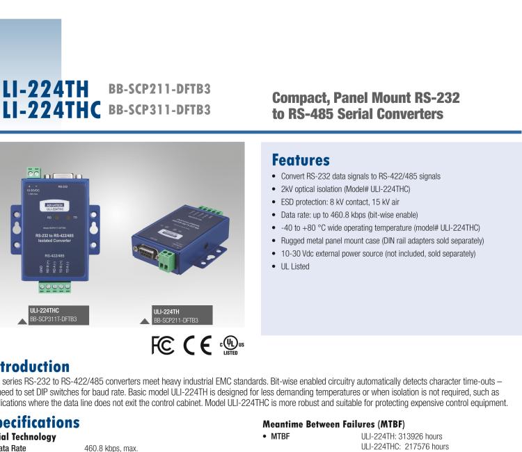 研華BB-485BAT3 ULI-224TB RS-232（DB9母頭至RS-422/485（接線端子）轉(zhuǎn)換器，電池供電