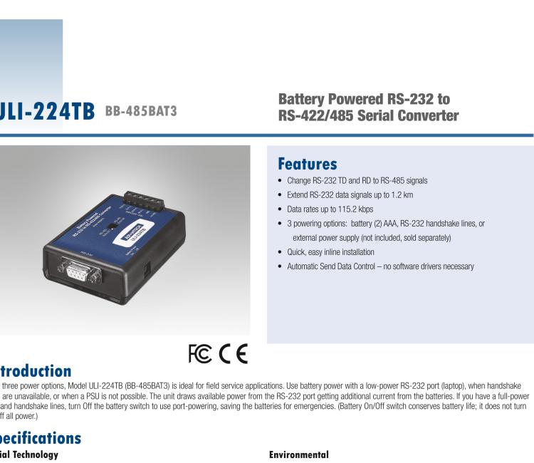 研華BB-4WSD9R ULI-224D RS-232至RS-422/485（2線/4線）轉換器，DB9母頭