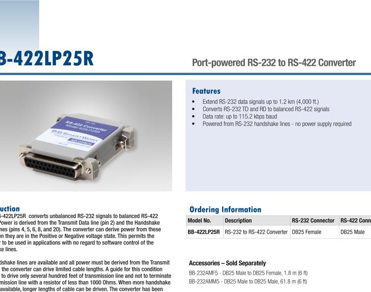 研華BB-422LP25R 串口轉(zhuǎn)換器，RS-232 DB-25 F至RS-422 DB25 M，端口供電