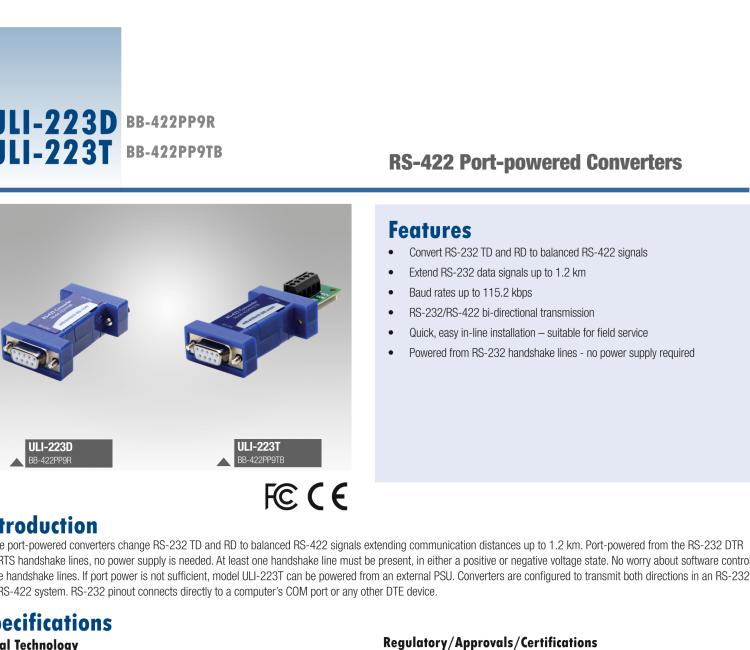 研華BB-422PP9R ULI-223D RS-232至RS-422轉(zhuǎn)換器，端口供電，DB9母頭連接器