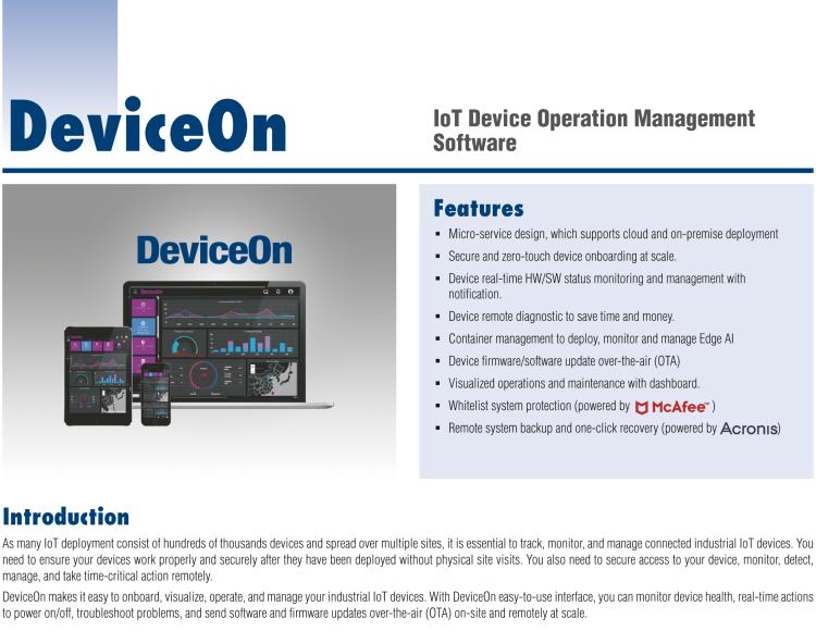 研華DeviceOn DeviceOn.DM是IoT設(shè)備管理，可遠(yuǎn)程管理連接的設(shè)備并提供集中式管理功能。
